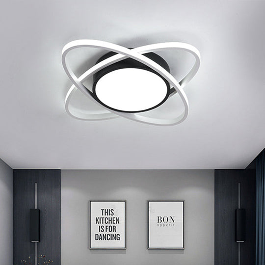 Modern Drum Flush Mount Lighting: Acrylic Led Fixture In Black/White With Cross Ring 20.5’/28’ Width