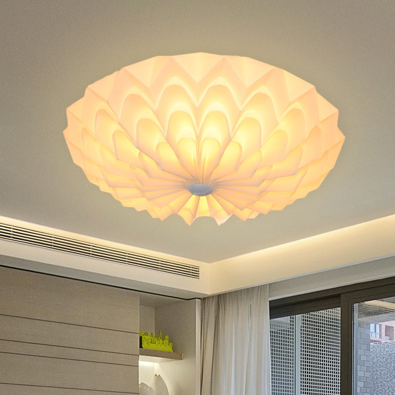 Modernist White Finish Flush Mount Light Fixture With Folding Bowl Acrylic Shade - 3 Heads Bedroom
