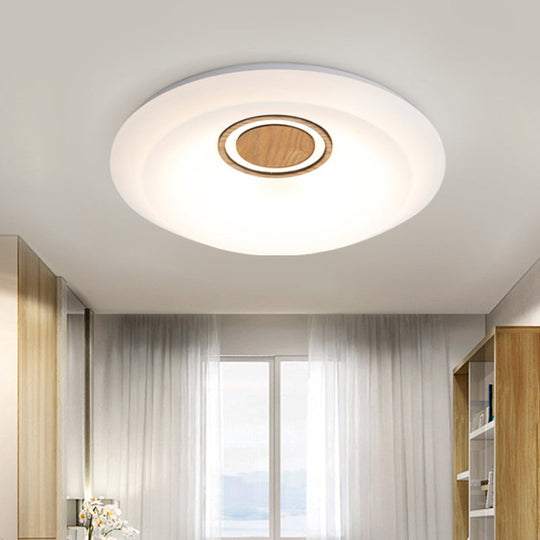 Modern Led Acrylic Flush Lighting Fixture - White Round Ceiling Mount With Warm/White Light & Wood