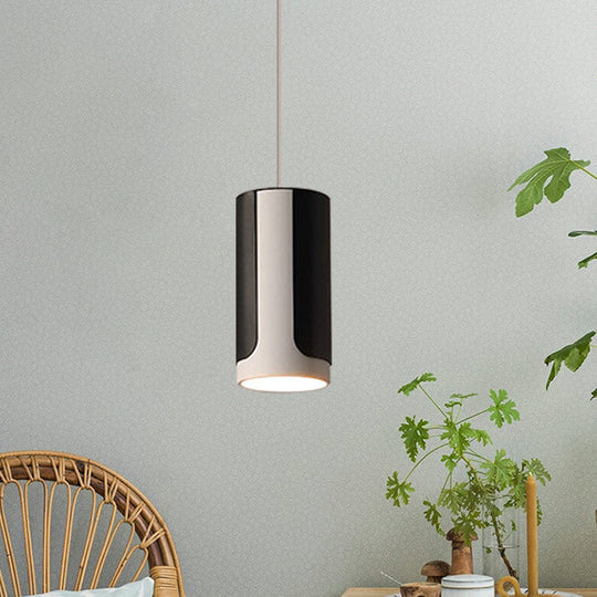 Modern Black And White Dining Table Hanging Light Kit - Sleek Pendant Lamp With Metal Cylinder Shade