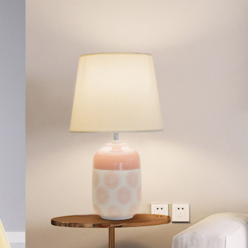 Ceramic Tapered Table Lamp - Minimalist Design In White/Pink Finish With Fabric Shade Ideal Night