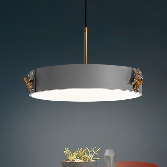 Minimalist Grey Acrylic Led Drum Pendant Lamp With Butterfly Design