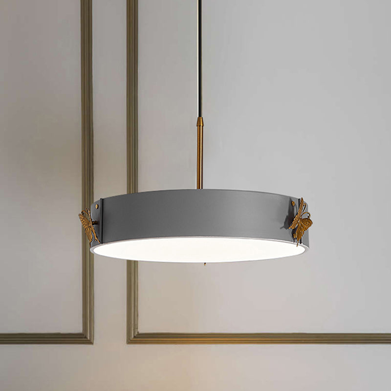 Minimalist Grey Acrylic Led Drum Pendant Lamp With Butterfly Design
