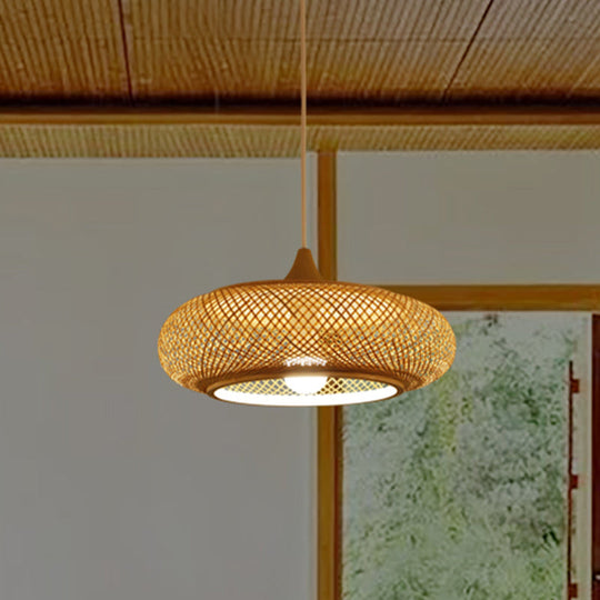 Modern Round Bamboo Pendant Lamp - Beige 1 Head Ceiling Light For Tea Room