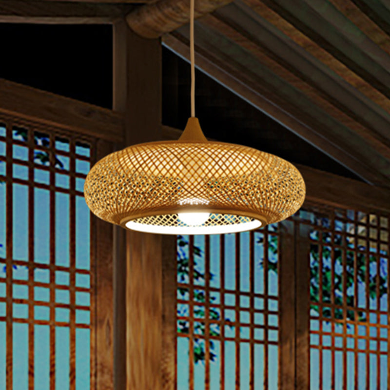 Modern Round Bamboo Pendant Lamp - Beige 1 Head Ceiling Light For Tea Room