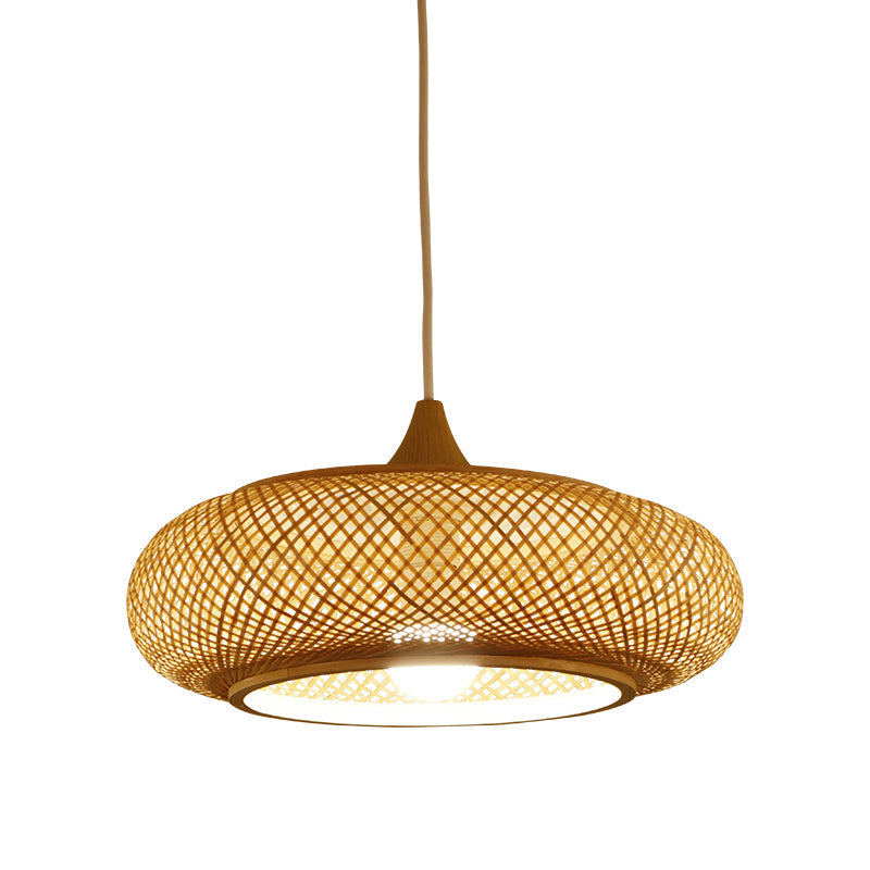 Modern Round Bamboo Pendant Lamp - Beige 1 Head Ceiling Light For Tea Room