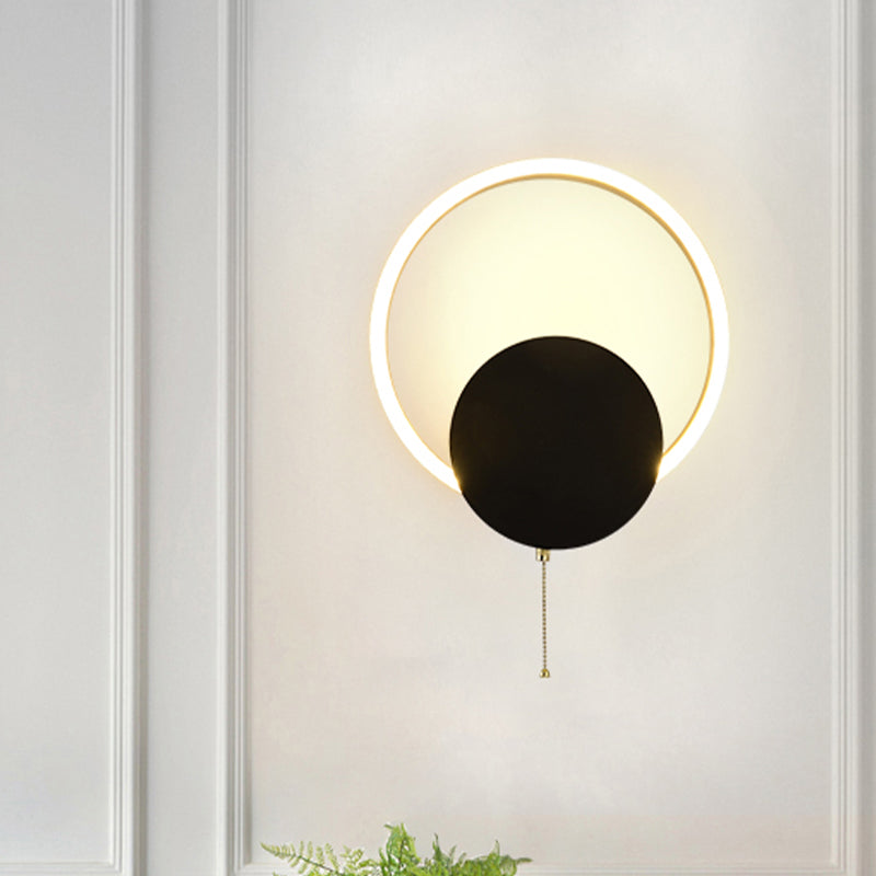 Minimal Acrylic Led Bedroom Sconce: Circular Wall Mount Light In Black With Pull Chain