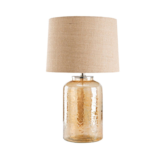 Amber Glass Jar Table Lamp: Contemporary Bedside Nightstand Light With Flaxen Fabric Shade