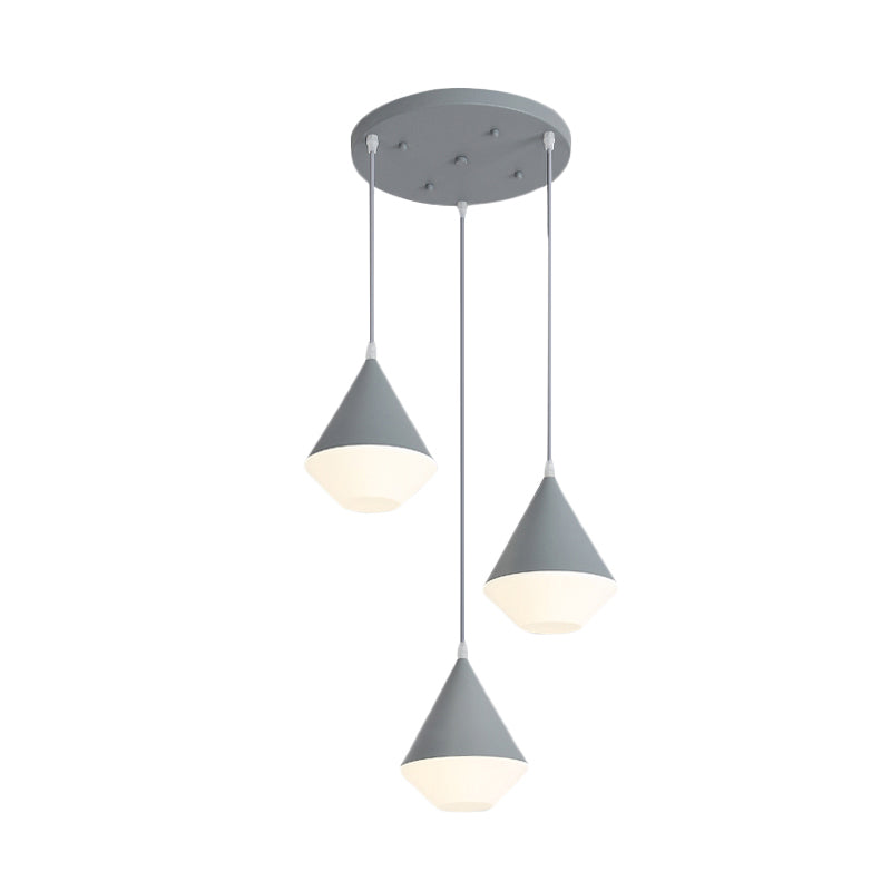 Modern Acrylic Cone Pendant Light With 3 Heads - White/Grey Coffee House Hanging Lamp