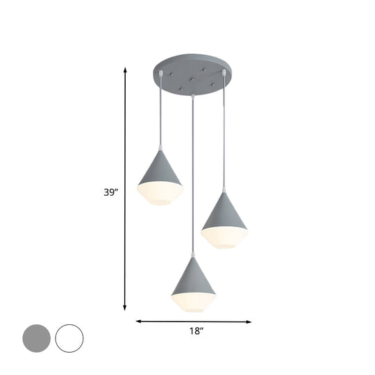 Modern Acrylic Cone Cluster Pendant Light Coffee House Hanging Lamp In White/Grey - 3 Heads Kit