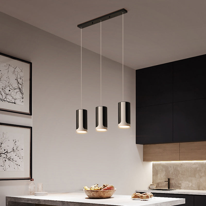 Modern Black 3-Light Metallic Pendant Lamp With Cylindrical Suspension
