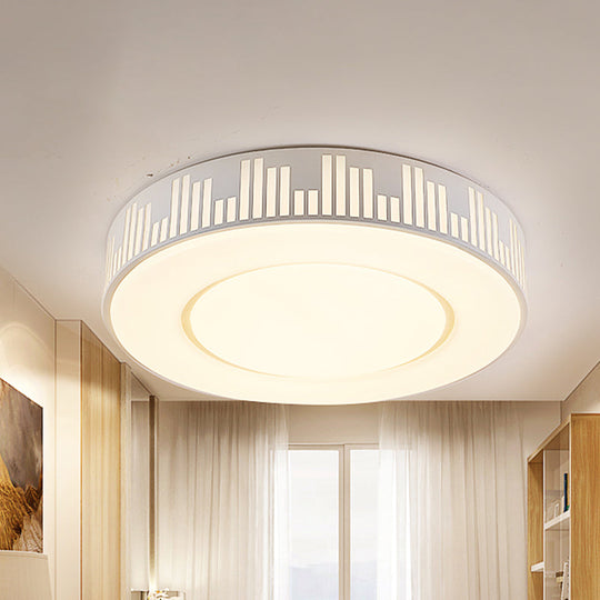 Modern Led Iron Flush Light Fixture - White Drum Ceiling Mount With Piano Key Pattern In