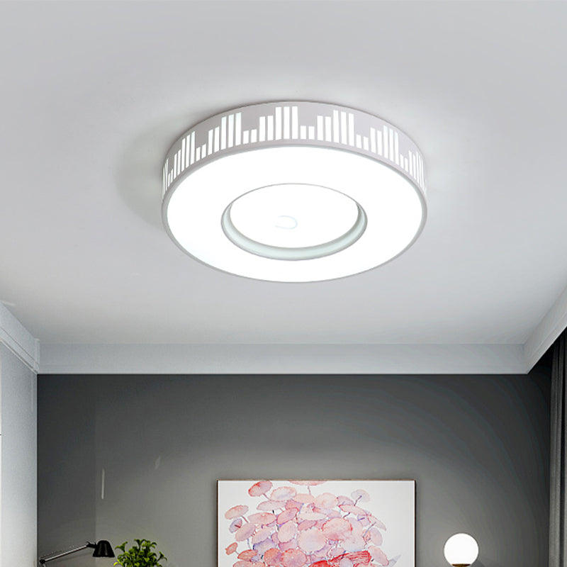 Modern Led Iron Flush Light Fixture - White Drum Ceiling Mount With Piano Key Pattern In