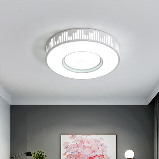 Modern Led Iron Flush Light Fixture - White Drum Ceiling Mount With Piano Key Pattern In