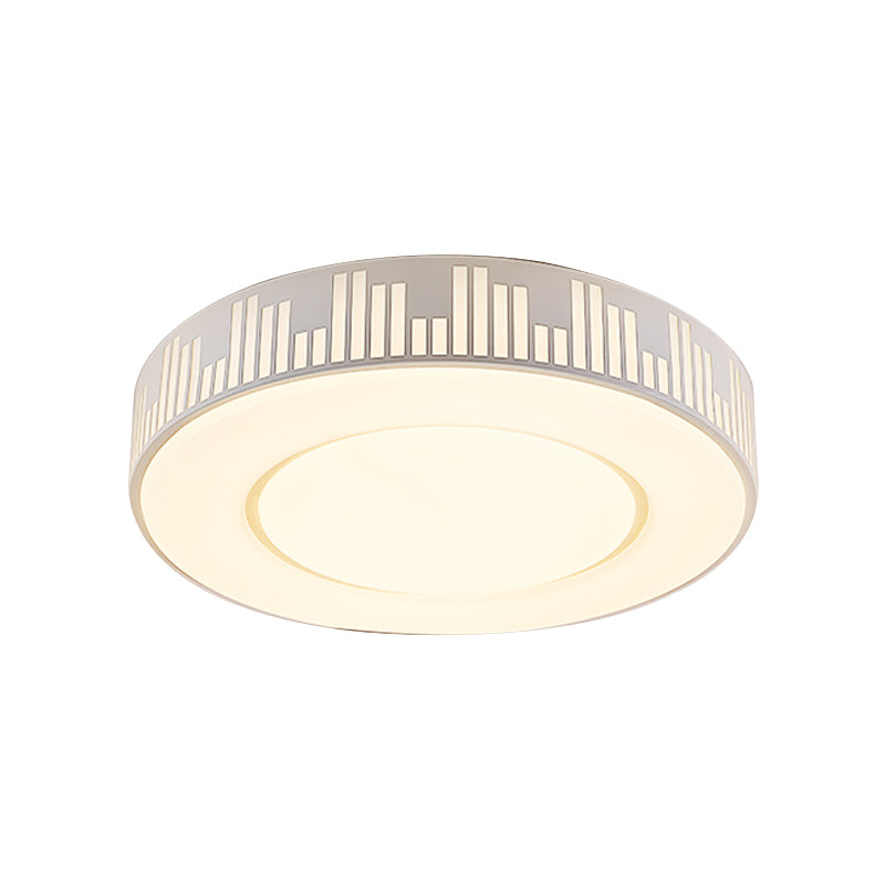 Modern Led Iron Flush Light Fixture - White Drum Ceiling Mount With Piano Key Pattern In