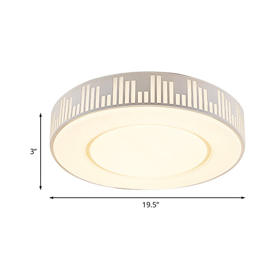 Modern Led Iron Flush Light Fixture - White Drum Ceiling Mount With Piano Key Pattern In