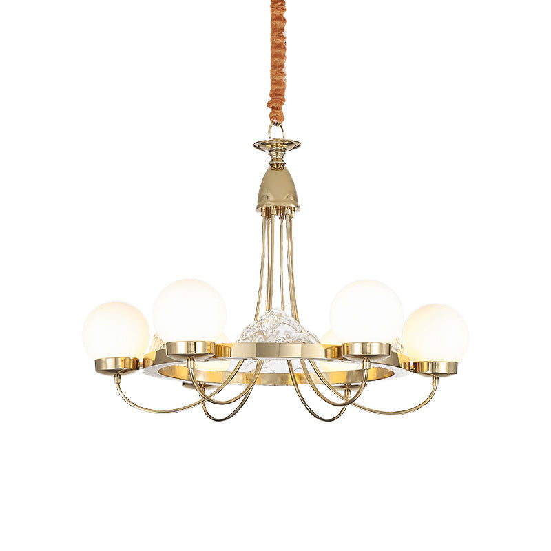 Modern Gold Curved Arm Ceiling Chandelier - 6 Head Metal Led Hanging Light With Frosted Glass Shade