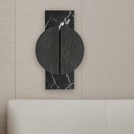 Minimalist Metallic Circle Wall Lamp With Led Sconce - Black/White Rectangle Marble Backplate