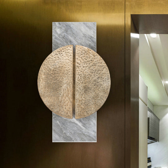 Minimalist Metallic Circle Wall Lamp With Led Sconce - Black/White Rectangle Marble Backplate