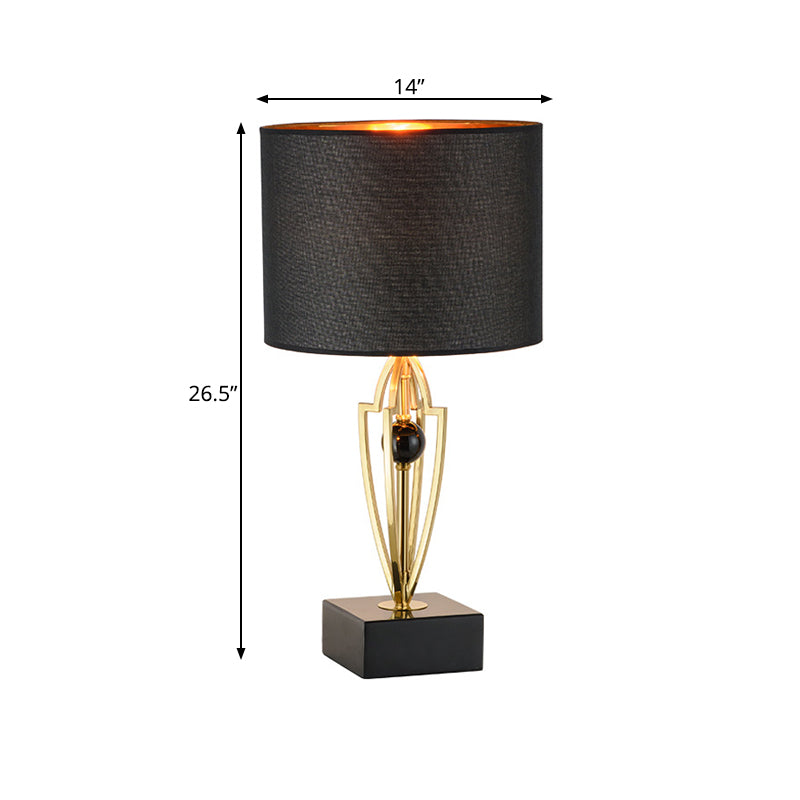 Contemporary Black Drum Night Table Lamp With Fabric Shade - 1 Light Nightstand
