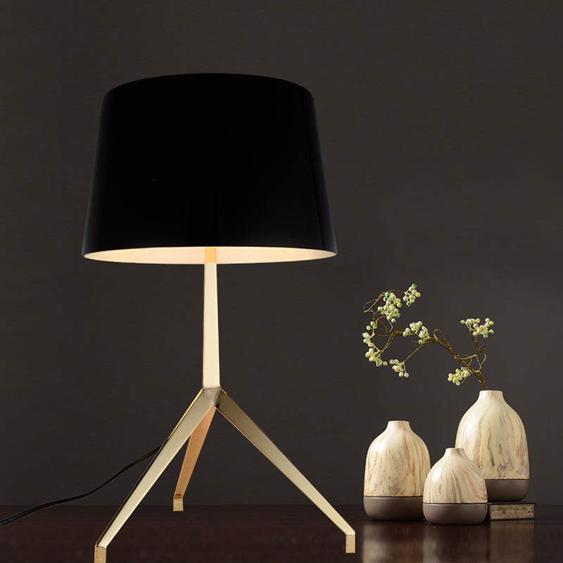 Gold Metal Tripod Nightstand Lamp With Barrel Shade For Bedroom Simple & Elegant Design Black