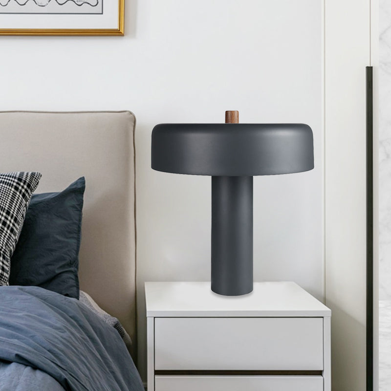 Modernist Led Grey Metal Drum Nightstand Light With Plug-In Cord For Bedroom