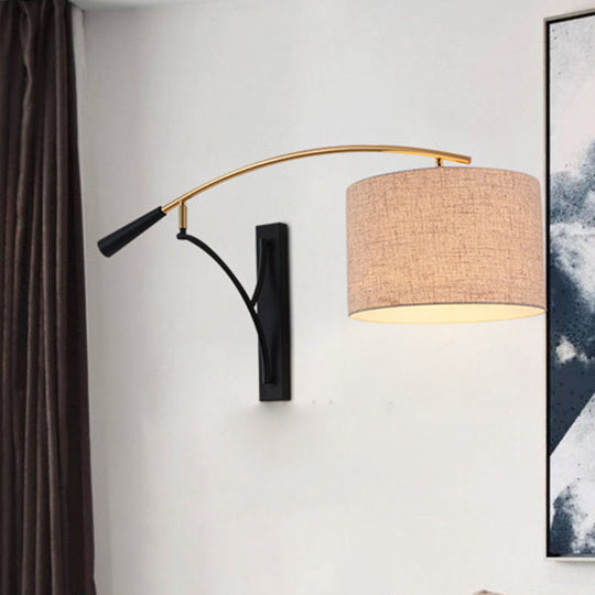 Modern Drum Shade Wall Lamp - 1 Head Fabric Lighting For Bedroom In Flaxen/Coffee Flaxen