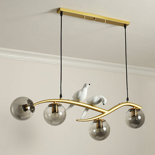 Minimalist Glass Globe Chandelier Light With Birds Deco - 4 Suspension Pendant In Milk White/Smoke