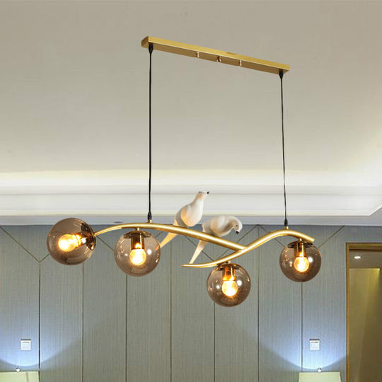 Globe Chandelier Light - Milk White/Smoke Grey Glass Minimal 4 Lights Black/Gold Finish Birds Deco