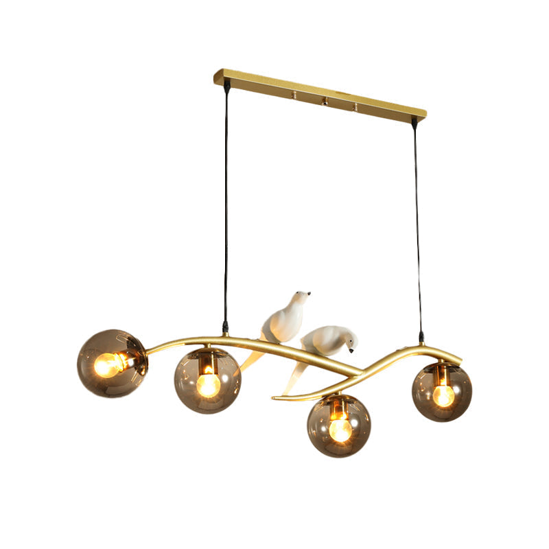 Globe Chandelier Light - Milk White/Smoke Grey Glass Minimal 4 Lights Black/Gold Finish Birds Deco