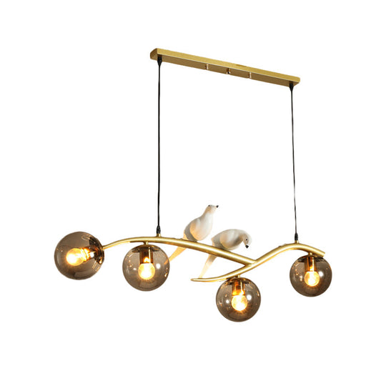 Globe Chandelier Light - Milk White/Smoke Grey Glass Minimal 4 Lights Black/Gold Finish Birds Deco