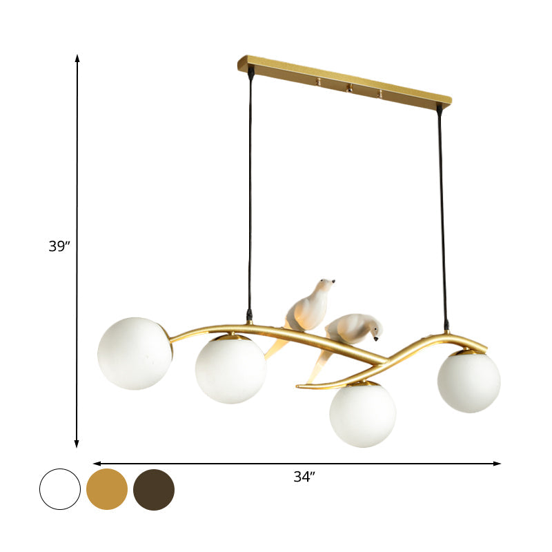 Globe Chandelier Light - Milk White/Smoke Grey Glass Minimal 4 Lights Black/Gold Finish Birds Deco