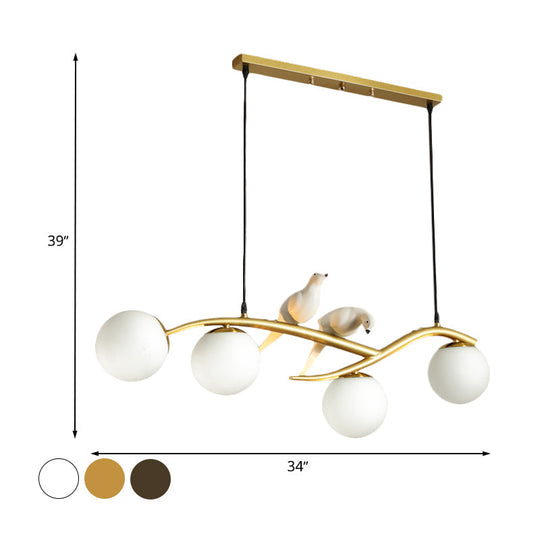 Minimalist Glass Globe Chandelier Light With Birds Deco - 4 Suspension Pendant In Milk White/Smoke
