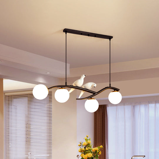 Minimalist Glass Globe Chandelier Light With Birds Deco - 4 Suspension Pendant In Milk White/Smoke