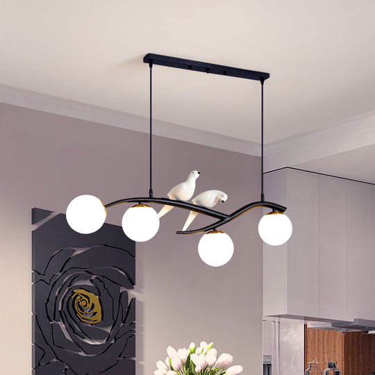 Minimalist Glass Globe Chandelier Light With Birds Deco - 4 Suspension Pendant In Milk White/Smoke