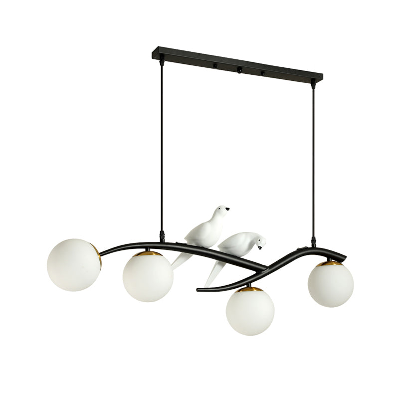 Globe Chandelier Light - Milk White/Smoke Grey Glass Minimal 4 Lights Black/Gold Finish Birds Deco