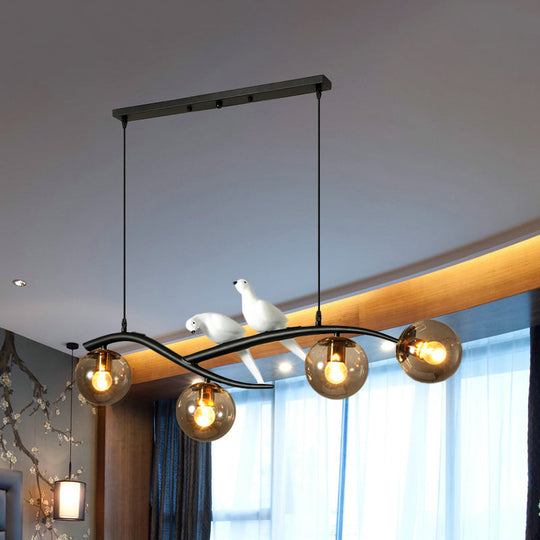 Minimalist Glass Globe Chandelier Light With Birds Deco - 4 Suspension Pendant In Milk White/Smoke