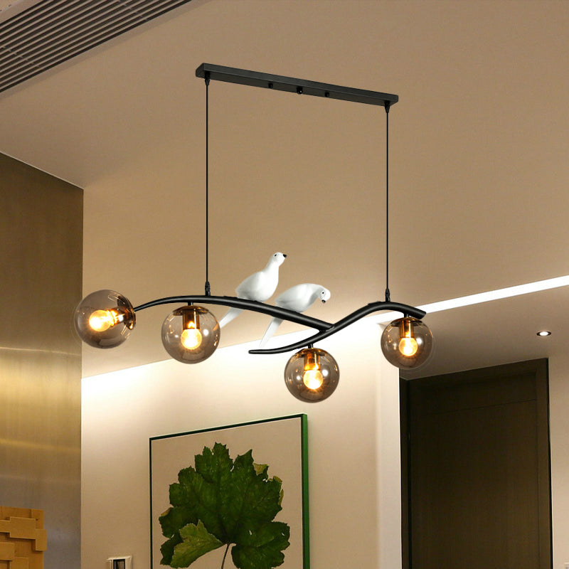 Minimalist Glass Globe Chandelier Light With Birds Deco - 4 Suspension Pendant In Milk White/Smoke