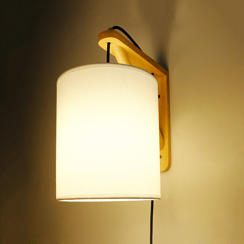 Japanese Style Cylindrical Fabric Wall Sconce With 1-Bulb And Wood Mount