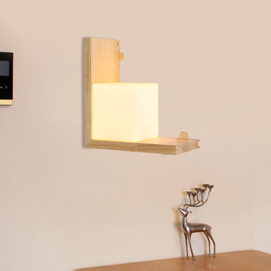 Minimalist Led Wood Panel Wall Sconce With Opal Cube Glass Shade