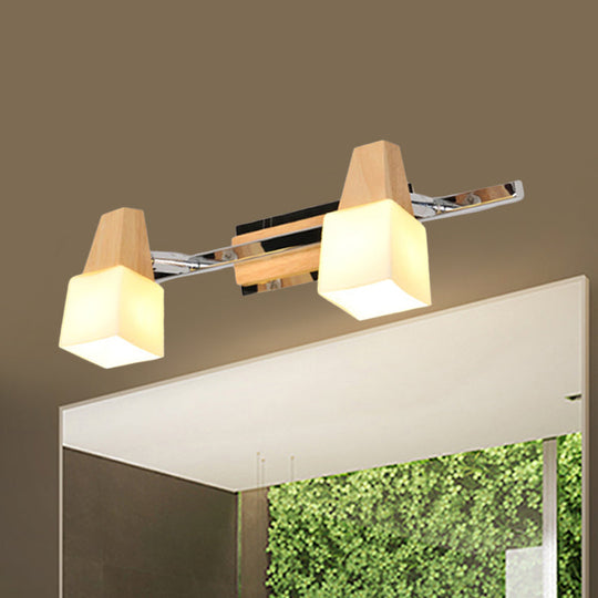 Modern Beige Cube Vanity Light Fixture With 2-Light Milk White Glass Shade Wall Mount Lamp Wood