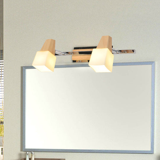Modern Beige Cube Vanity Light Fixture With 2-Light Milk White Glass Shade Wall Mount Lamp