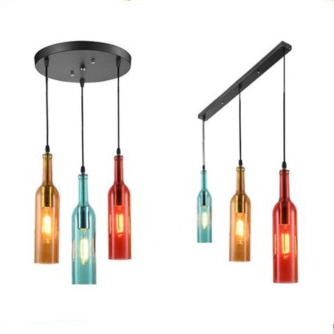 Industrial Bar Pendant Lamp With Wine Bottle Glass Shade - 3-Light Hanging Light Black Round/Linear