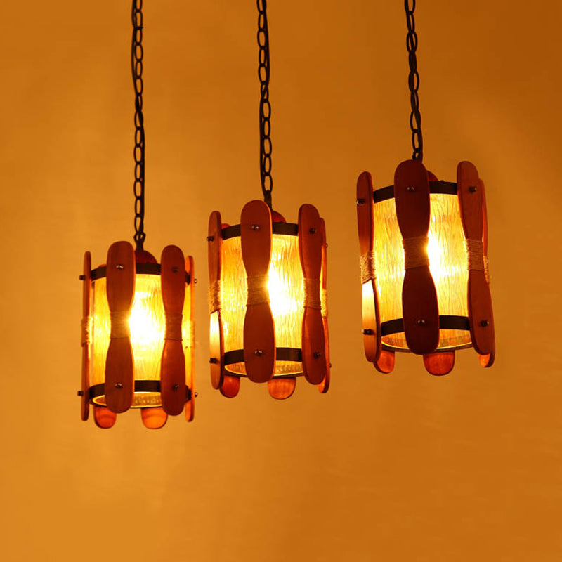 Retro Yellow Water Glass Pendant Light With Wood Panel Design - 3 Heads Cluster Brown Dining Room