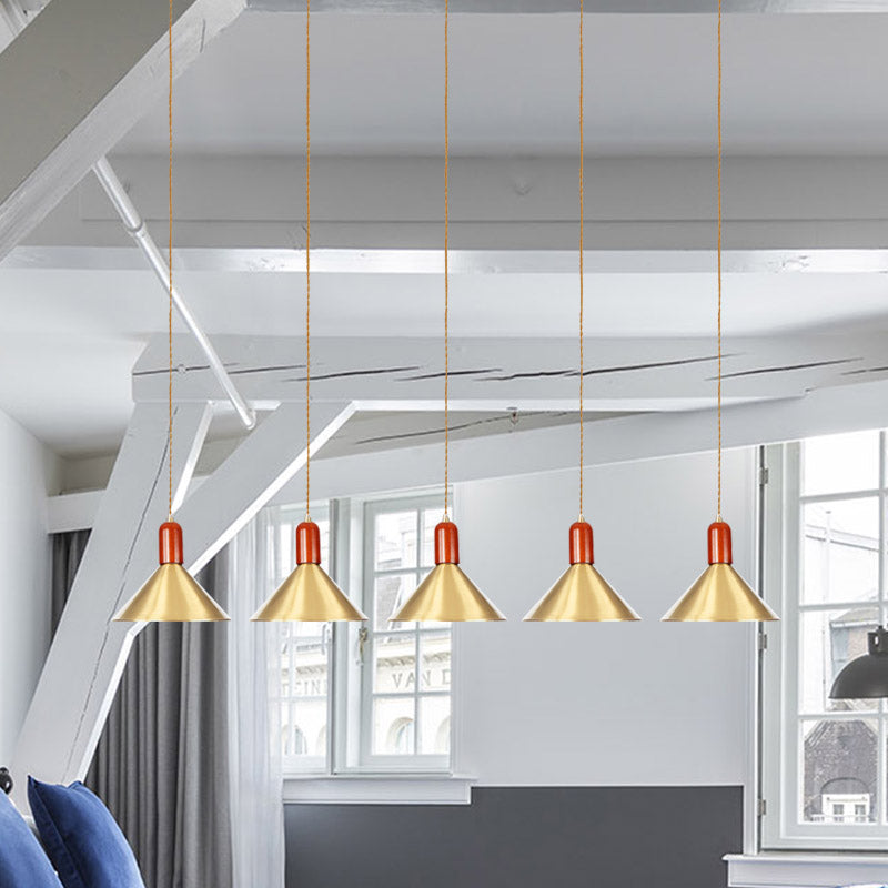 Industrial Tandem Pendant Ceiling Lamp - Conical Metallic Gold Finish 3/5/7 Lights