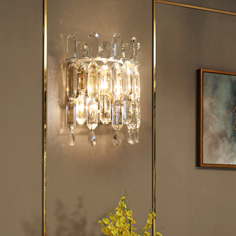 Clear Crystal Wall Sconce With 2 Semi-Drum Heads - Modern Living Room Lighting Fixture