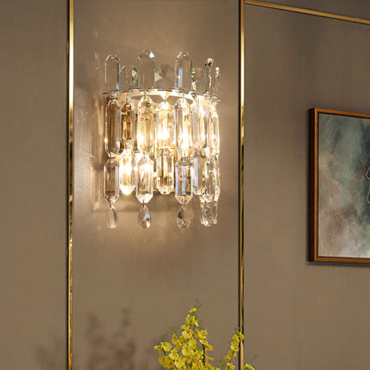 Clear Crystal Wall Sconce With 2 Semi-Drum Heads - Modern Living Room Lighting Fixture