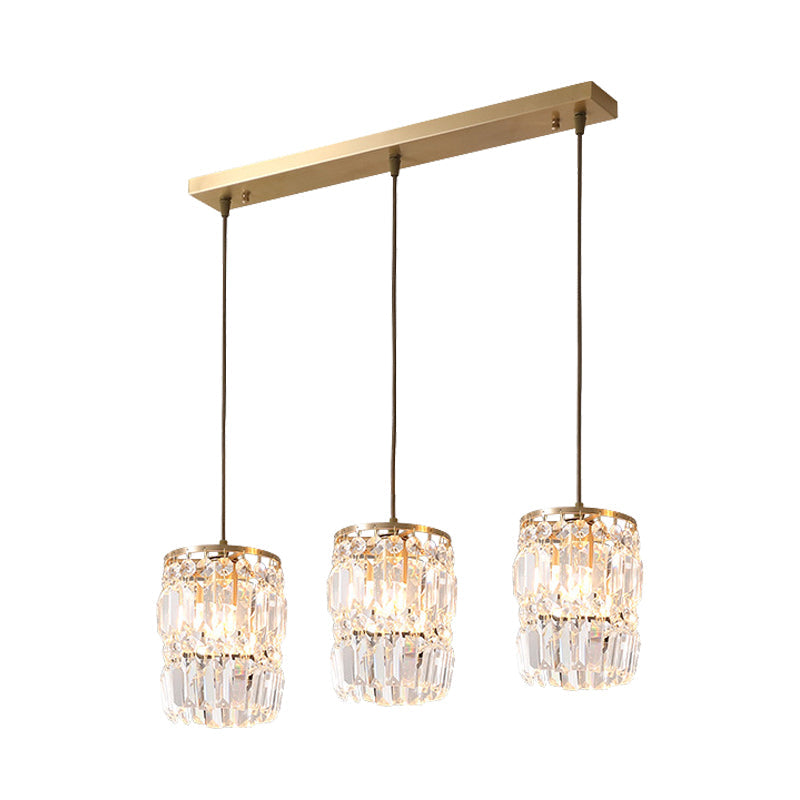 Modern Cylinder Crystal Hanging Light With Brass Finish - 3-Bulb Pendant Lamp Fixture