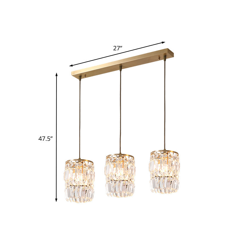 Modern Crystal Pendant Lamp With 3-Bulb Brass Finish Hanging Light Fixture And Linear/Round Canopy