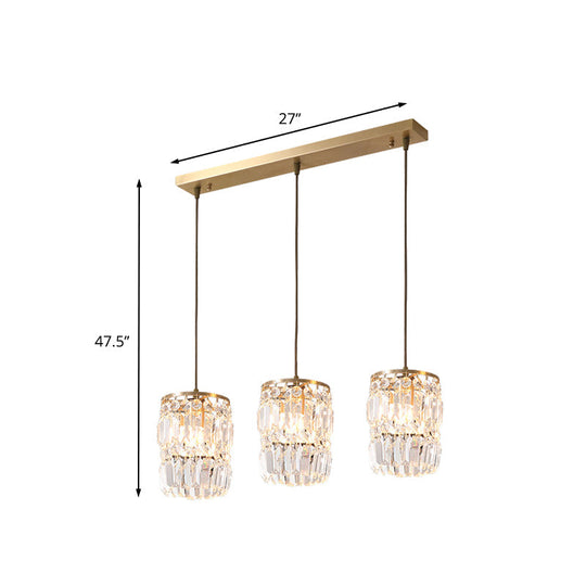 Modern Crystal Pendant Lamp With 3-Bulb Brass Finish Hanging Light Fixture And Linear/Round Canopy